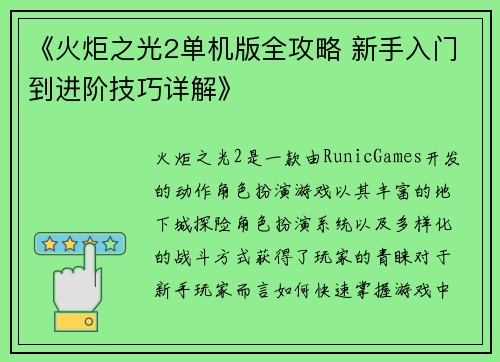 《火炬之光2单机版全攻略 新手入门到进阶技巧详解》
